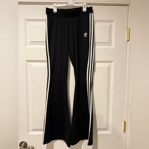 Adidas Women's Black Flared Joggers with White Stripes